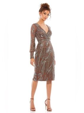 Mac Duggal Bronze and Silver Beaded Midi Dress